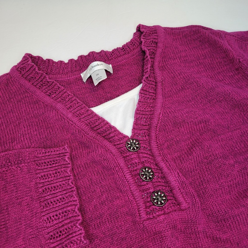 CJ Banks Sweater Womens Size 2X‎ Fuscia Pink 3/4 Sleeve Layered Look Stretch